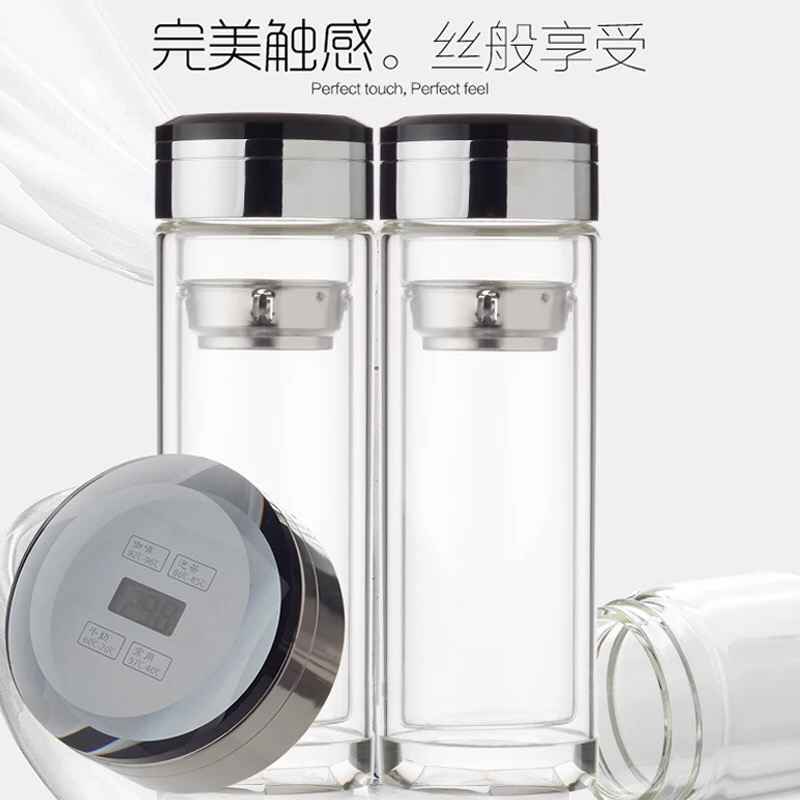 溫度計水杯,水晶雙層玻璃杯便攜透明茶水杯隔熱過濾保溫杯定制logo